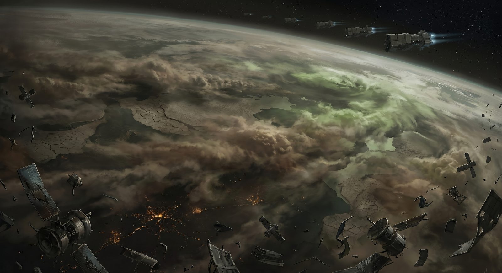 A dying, poisoned Earth — broken satellites adrift and the colony fleet departing for the stars